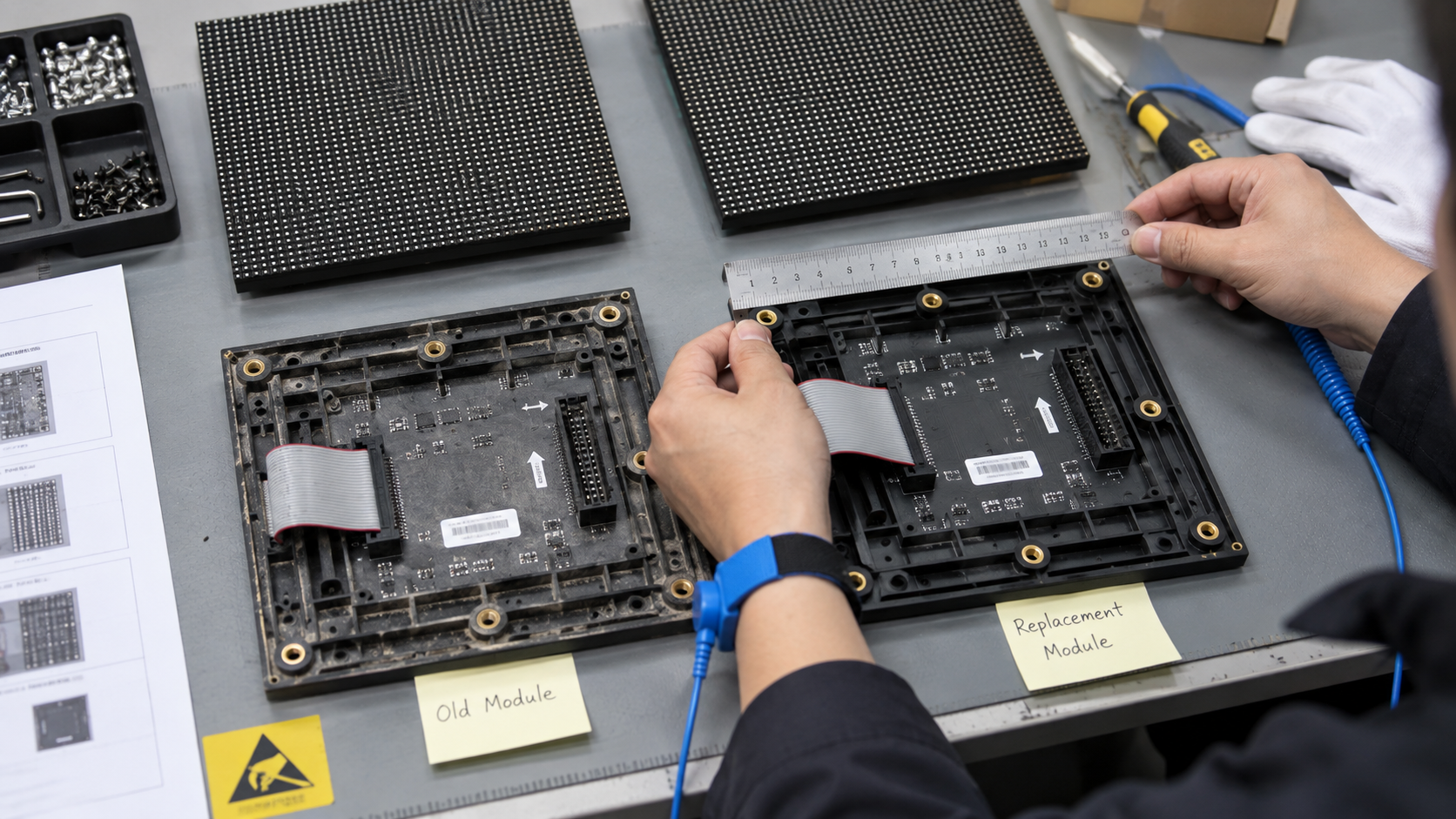 P3 LED display module replacement with matched module tools and labeled connectors