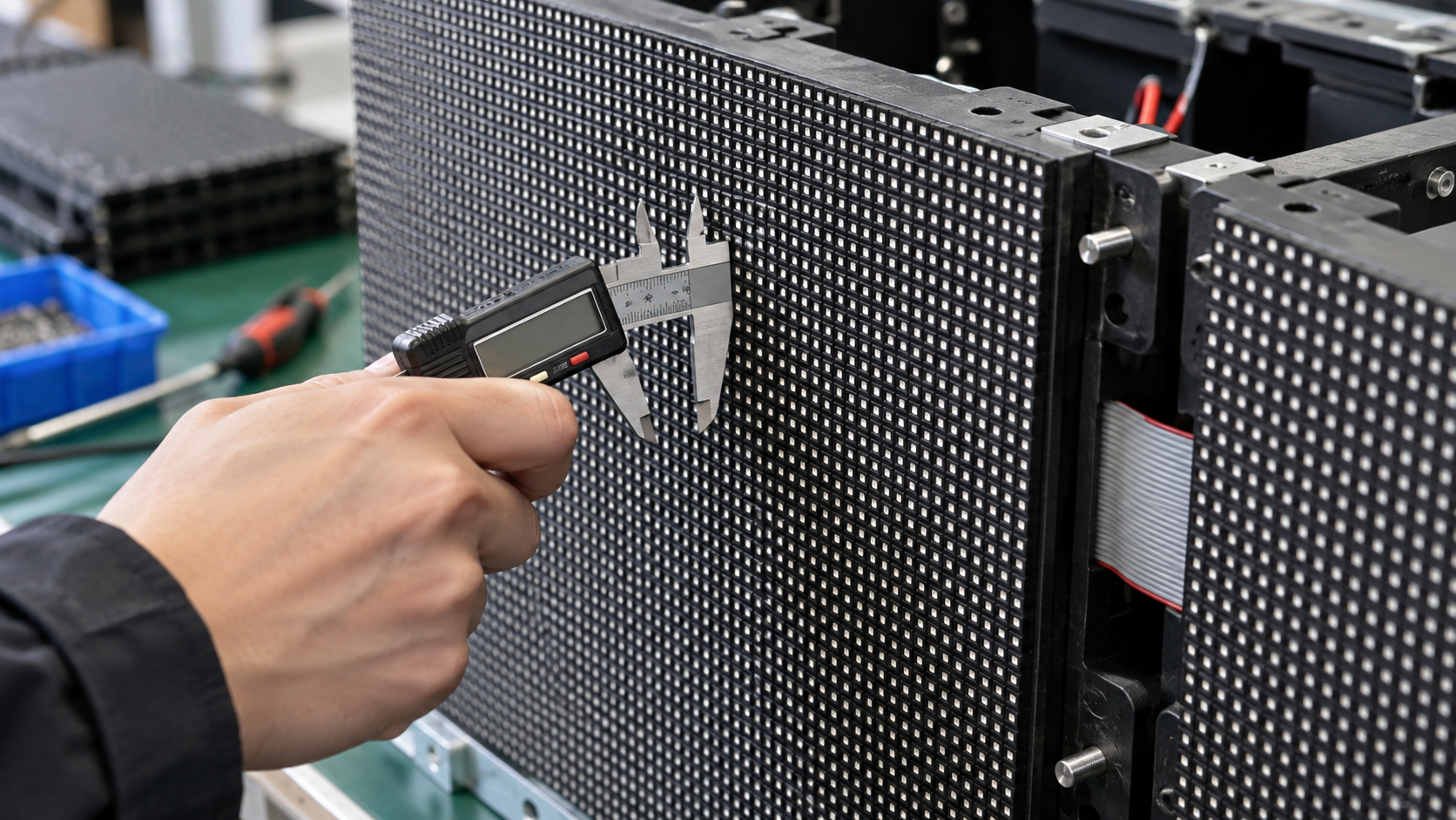 technician checking sightline distance for indoor P3 LED wall