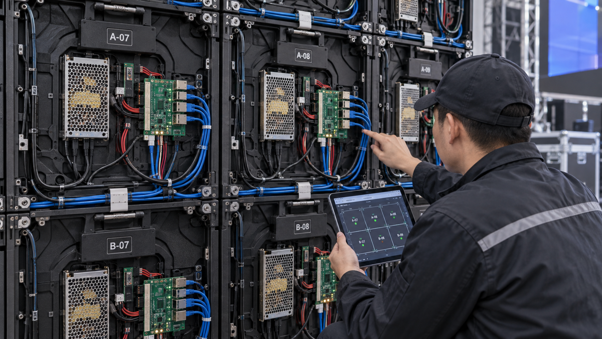 P3 LED cabinet receiving card inspection with labeled ports and cabinet map