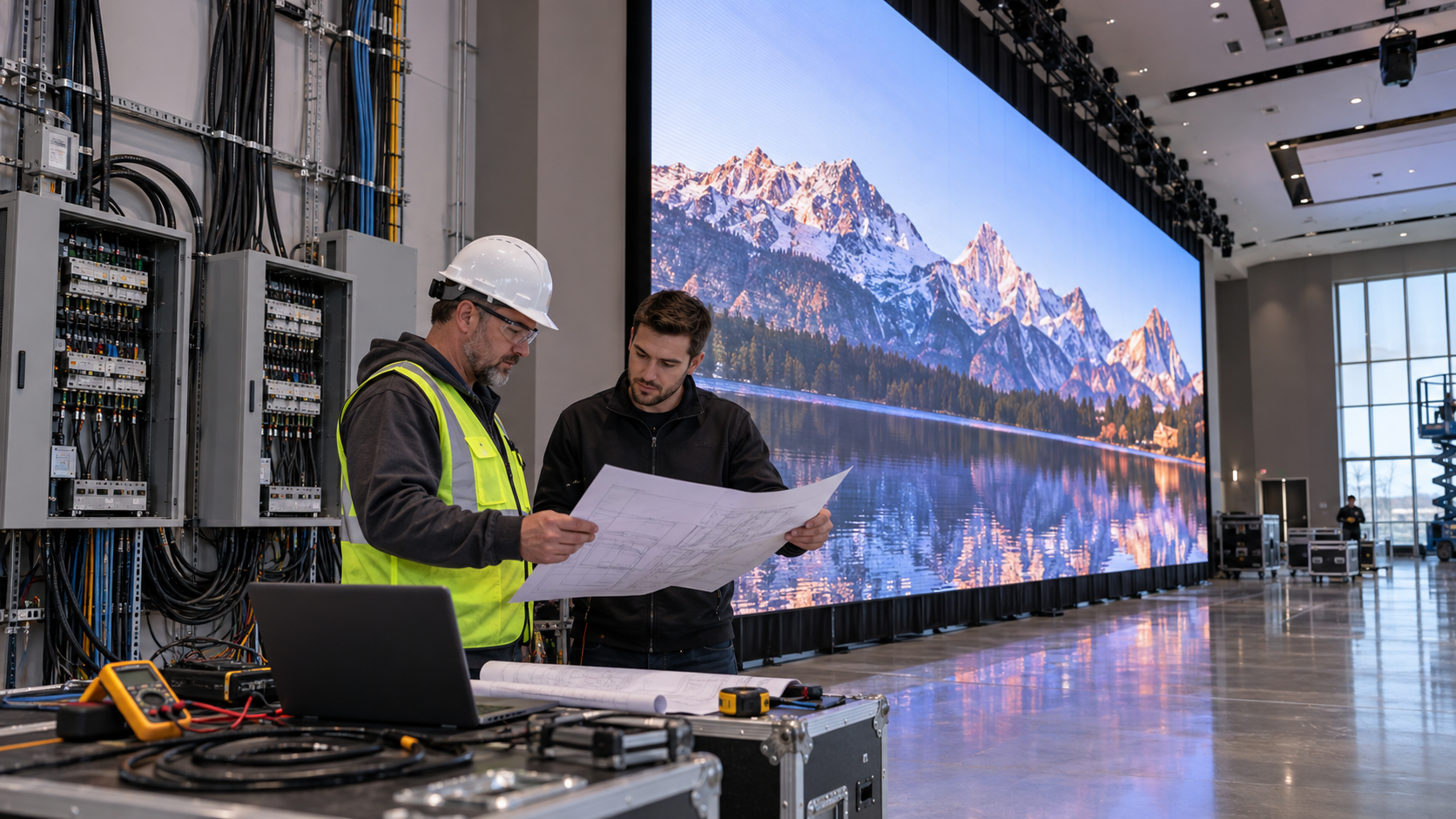 technician checking LED cabinet power labels and distribution diagram
