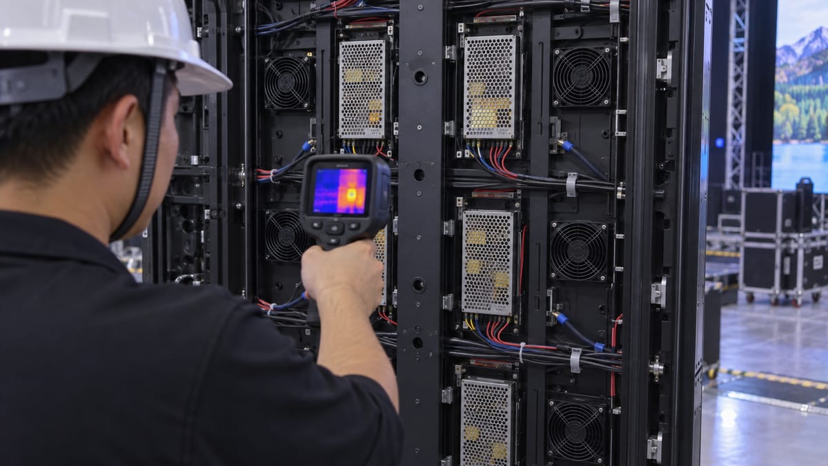technician measuring LED display power load voltage and cabinet temperature