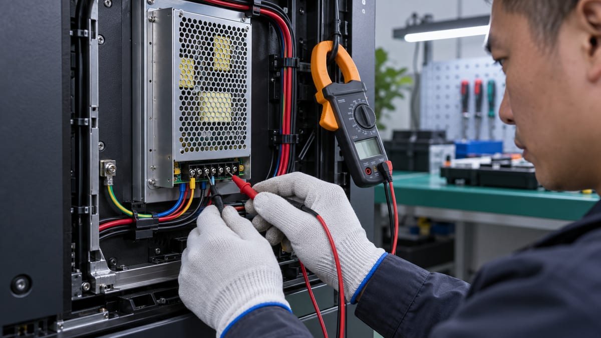 P3 LED cabinet power supply inspection with labeled wiring and meter