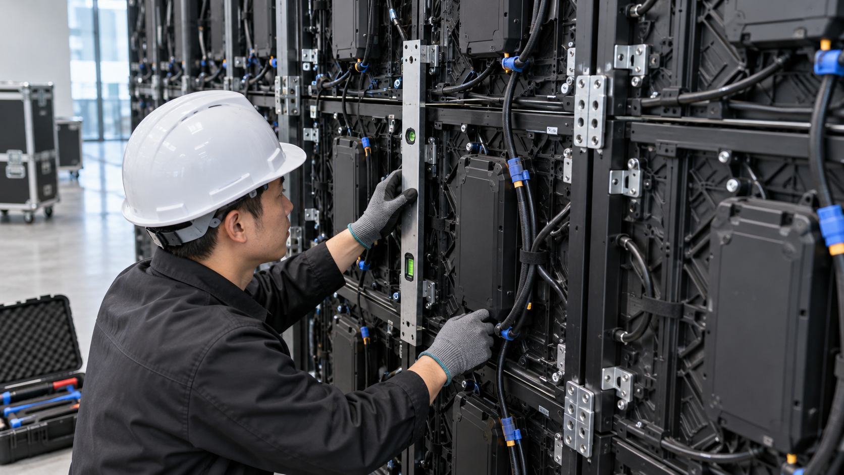 P3 LED wall cabinet alignment inspection with seam gauges and level