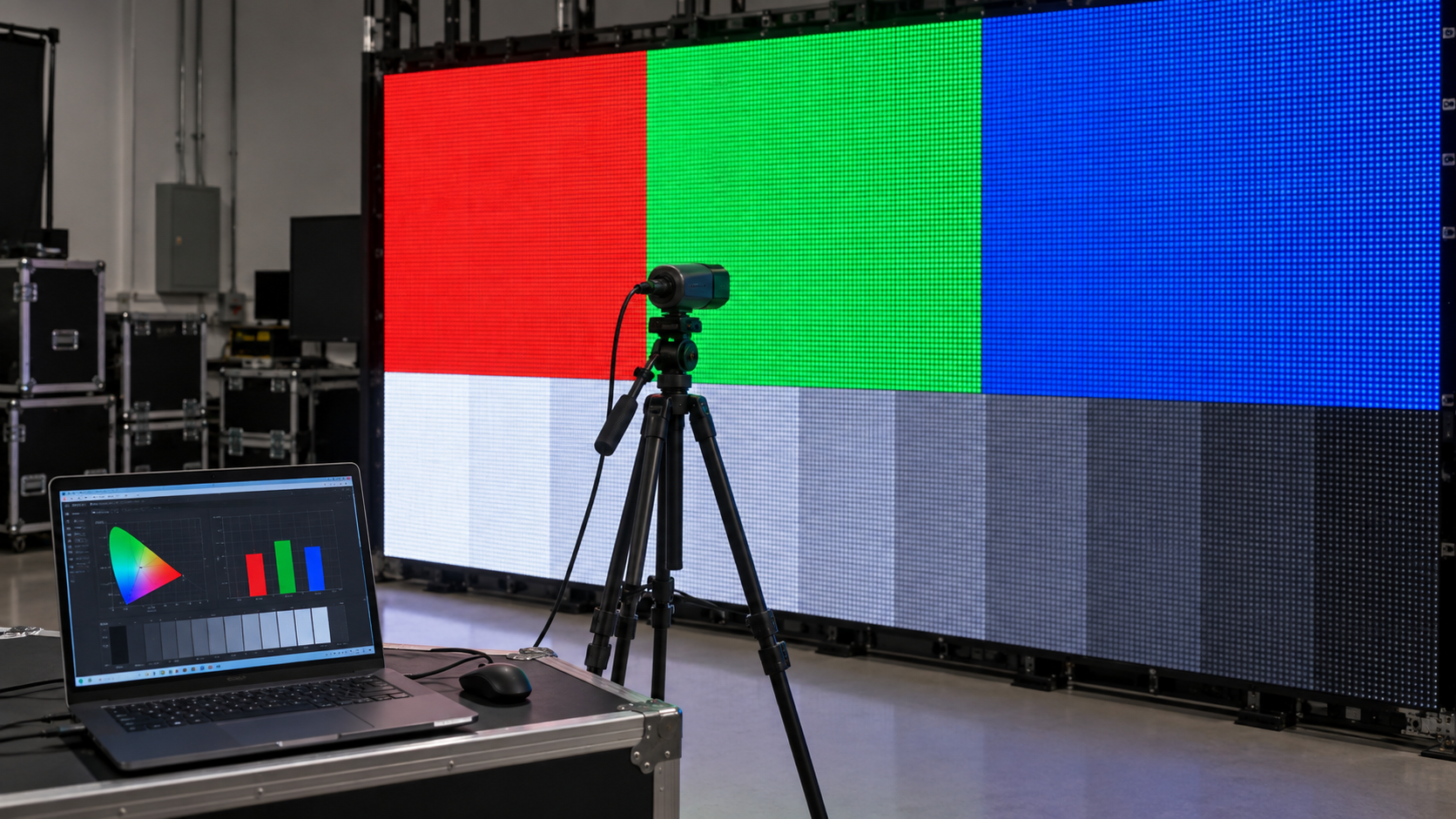 P3 LED wall white balance calibration with colorimeter and grayscale pattern