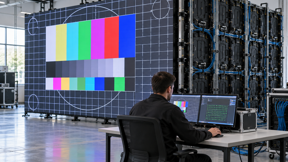 technician testing signal mapping and redundancy on LED control software