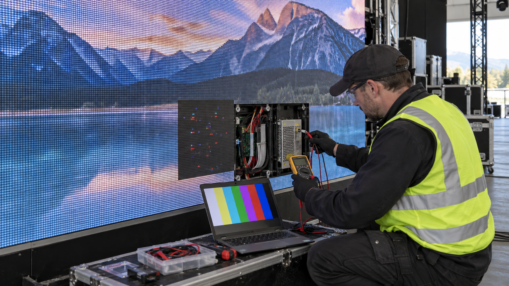 technician tracing a failed pixel area across module signal and power checks