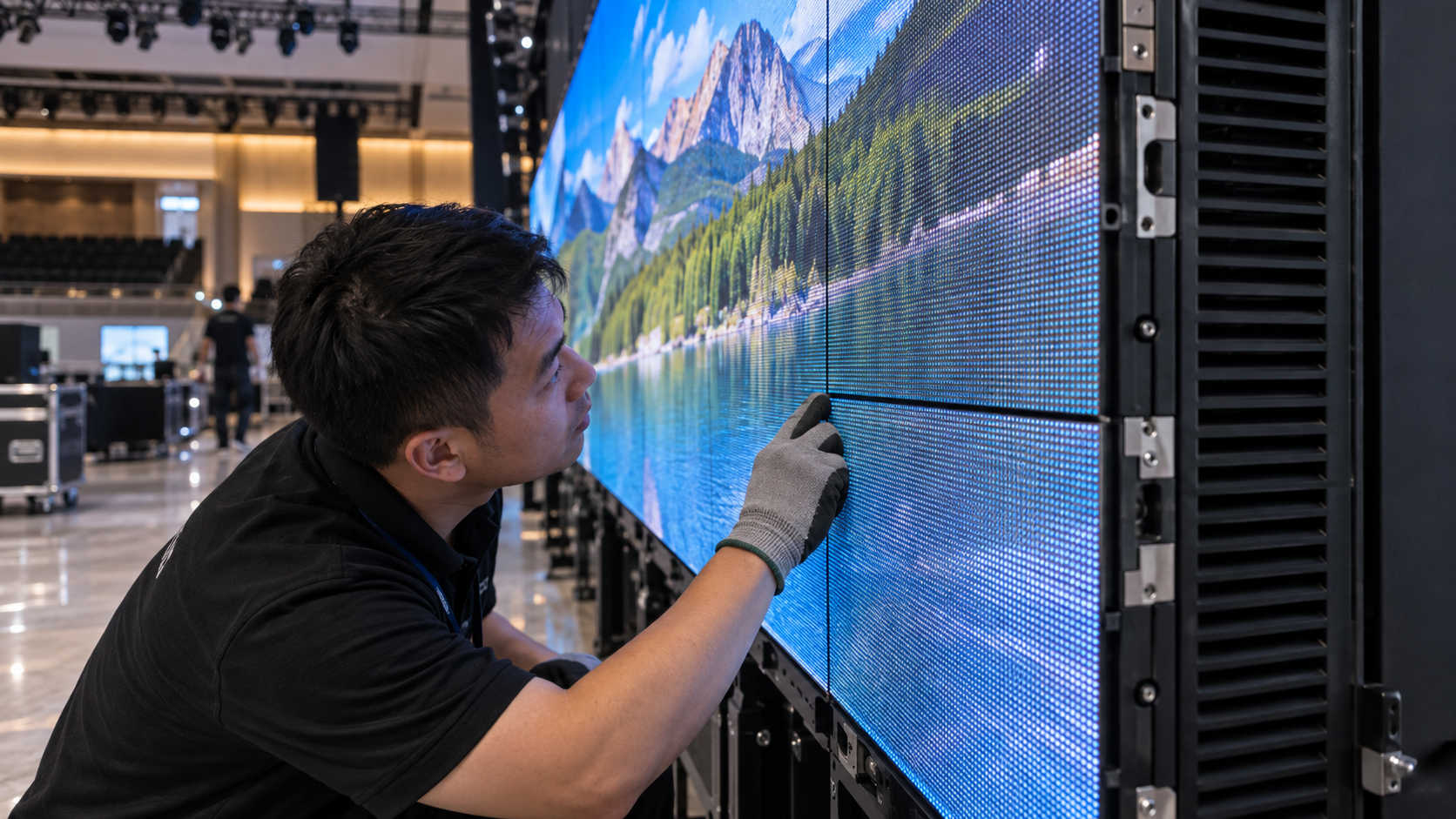 P3 LED viewing-angle test with marked center and side observation positions